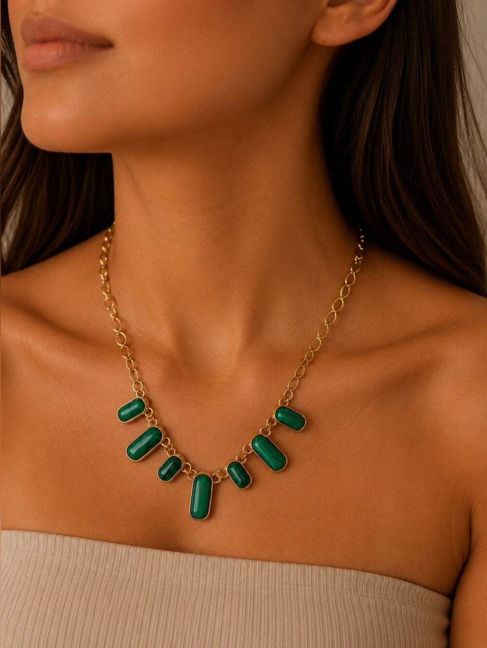 Plunder Gold-Tone Necklace with Green Cabochons